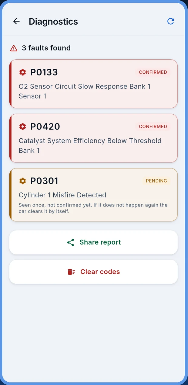 Diagnostics screen listing stored OBD2 fault codes with plain language descriptions