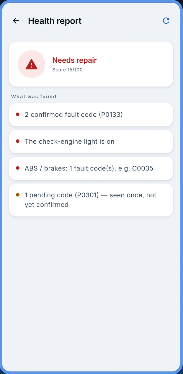 Vehicle health report with a score and a summary of the faults found