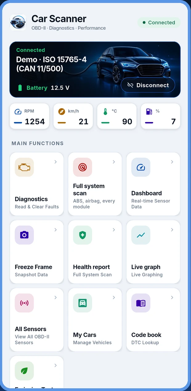 OBD2 scanner app home screen showing a connected ELM327 adapter, battery voltage and live RPM